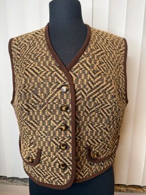 Howard Wolf Vintage Woven Tweed Tan Vest  Brown Velour Trim Size 10